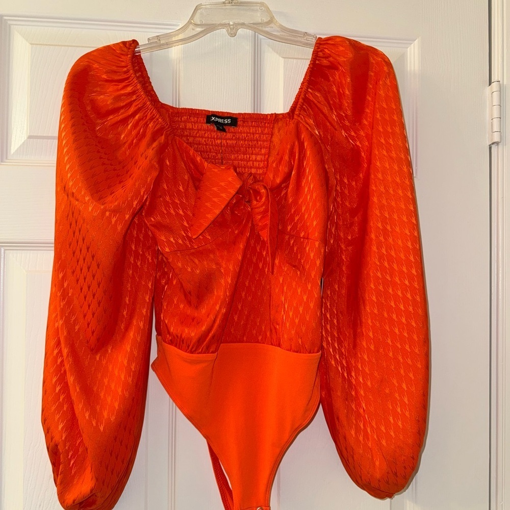 Express Dark Orange Satin Jacquard Balloon Sleeve Bodysuit! - Picture 2 of 4